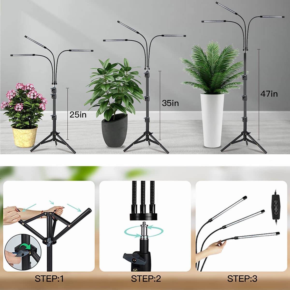 GooingTop Grow Light Floor Lamp,6000K 60W White Full Spectrum Plant Growing Lamp for Indoor Home Office Plants,5-Level Lighting Brightness,Timer 4 8 12 Hrs, Height Extendable 14-47''