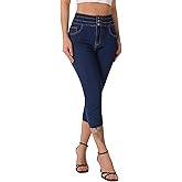 roswear Women's Capri Jeans Stretchy with Frayed Hem Skinny Tummy Control Pants