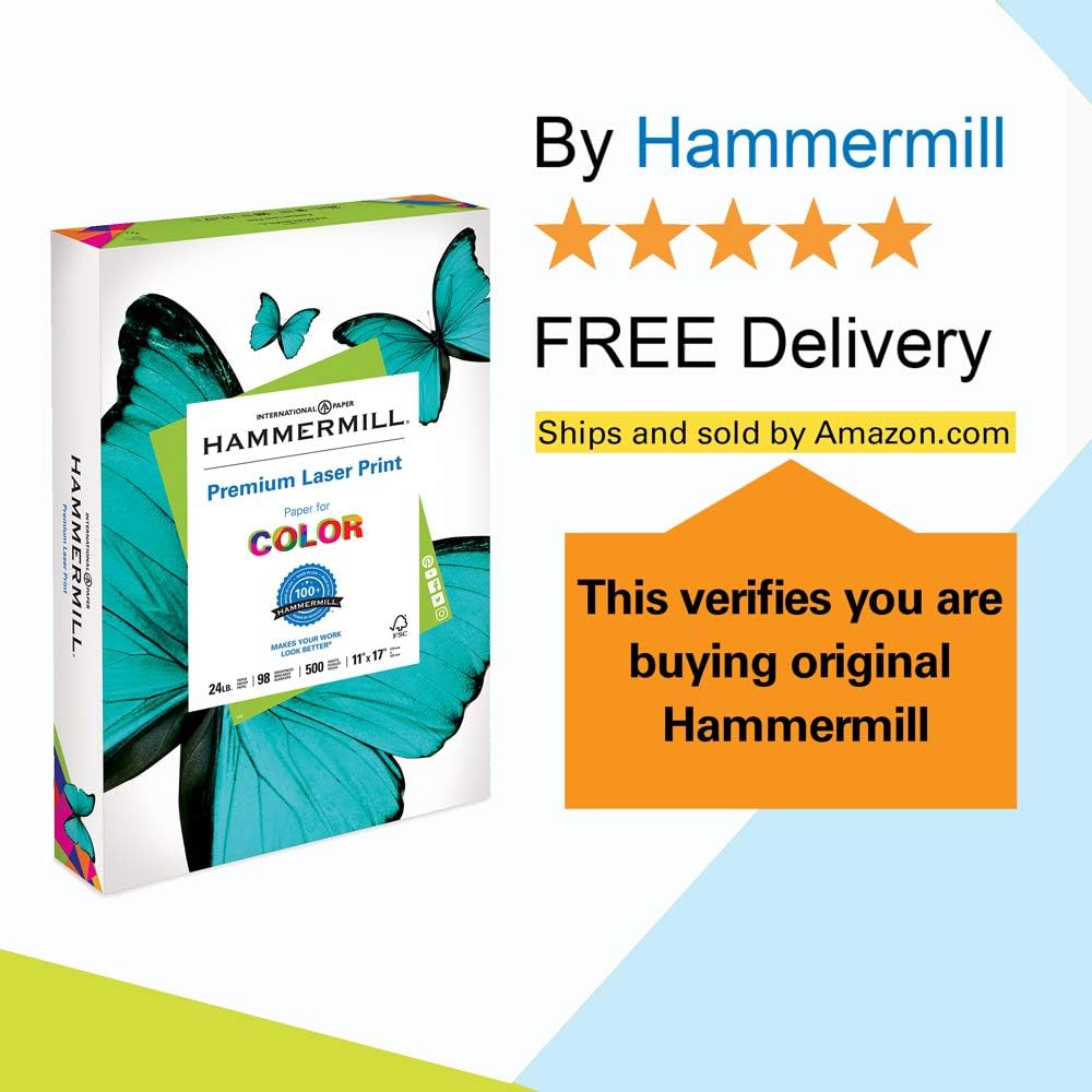 Hammermill Premium Laser Print 24lb Copy Paper, 11x17, 1 Ream, 500 Sheets, Made in USA, Sustainably Sourced From American Family Tree Farms, 98 Bright, Acid Free, Premium Laser Printer Paper, 104620R : Laser Printer Paper : Office Products