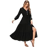 R.Vivimos Maxi Dress for Women Long Sleeve V Neck Drawstring Button Up Casual Split Flowy Dress