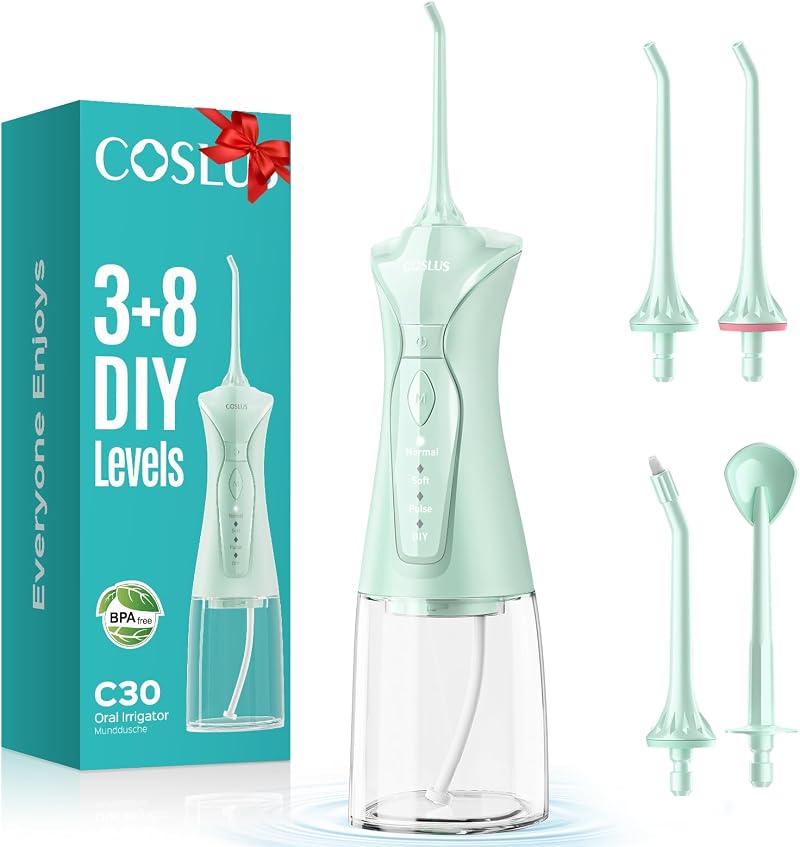 COSLUS Water Dental Flosser Pick 4 Modes 300ML Large Tank IPX7 Green C30