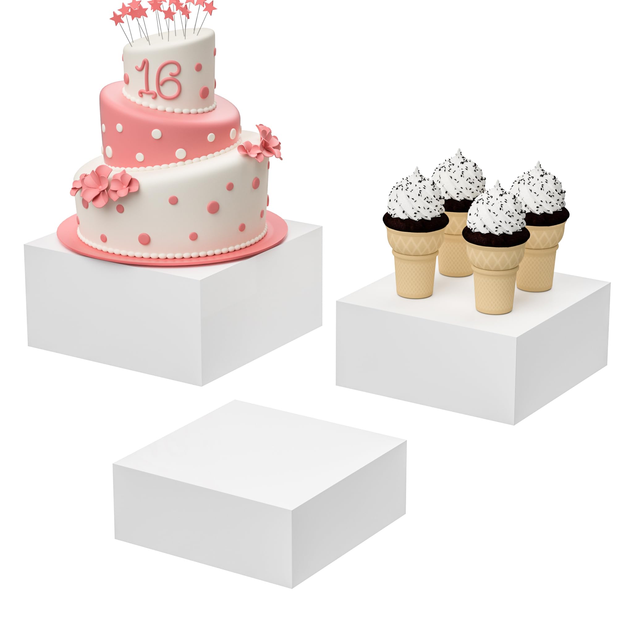 Photo 1 of Hongtuocb Acrylic Dessert Stand,Buffet Risers, Food Risers, Multi-Purpose Cake Stand for Parties, Weddings, Birthdays, Catering, Jewelry, and Collectibles Acrylic Cube Boxes Display Nesting Risers with Hollow Bottoms (White, 8"x9"x10")