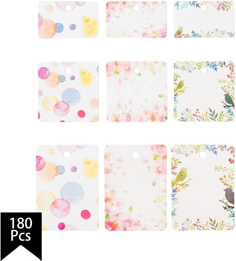 Calculs Pack of 180 pcs Multi-Size Colorful Printing Paper Necklace Earrings Display Hanging Cards for Jewelry Accessory Display with Earring Backs, 3 x 5cm, 5 x 5cm, 5 x 7cm