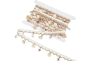 CABODYALS 5 Yards 1.65 Inch White Resin Shell Braid Fringe Trim Summer Ethnic Starfish Seashell Charms Linen Lace Tassel Ribb