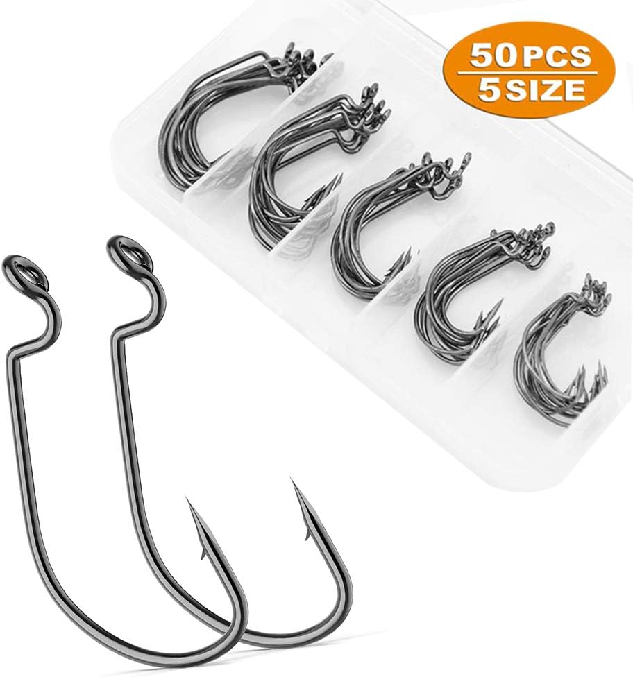 GOTRAYS 50pcs Fishing Hooks High Carbon Steel with Plastic Box, Wide Gap Bait Jig, Fishing Hooks for Bass Trout Saltwater Freshwater, Size:#2#1 1/0 2/0 3/0 : Sports & Outdoors
