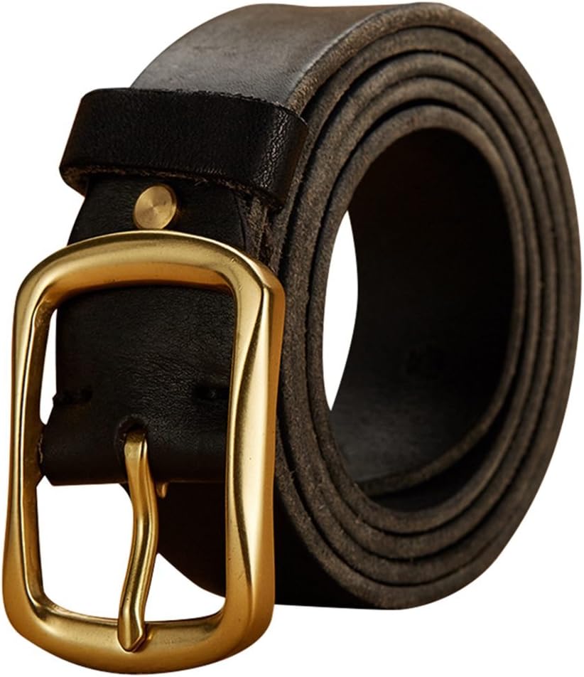 Fandicto Mens Retro Leather Dress Belt Washed Top Grain Genuine Leather Belt with Pure Brass Buckle