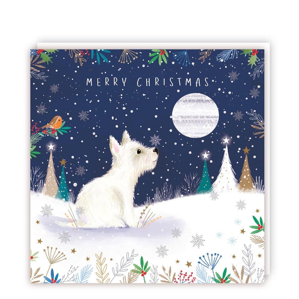 Tracks Publishing Charity Christmas Cards Pack of 5 - Charity Christmas Cards with a Westie Dog and Full Moon Festive Design - Eco-Friendly Xmas Cards Multipack with Envelopes