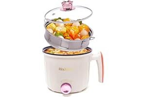 Rixhbvn Hot Pot Electric with Steamer, Rapid Noodles Cooker,Non-Stick Electric Pot for Raman, Soup, Noodles, Steak, Oatmeal, Rapid, with Temperature control, (Rotary switch), 1.8L,Beige