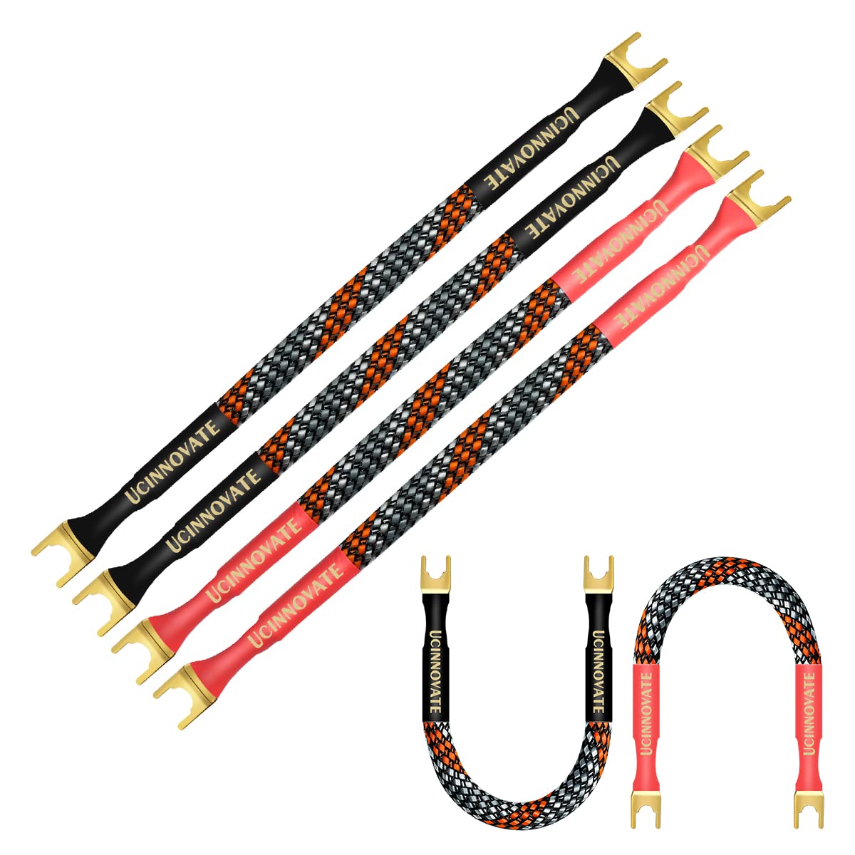 VVFLED 4 x 8inch HiFi Speaker Jumper Cable with Spade, 21cm Cable Bridge Bi-wire Jumper Plates, 11AWG Bridge to Speaker Cable Terminals with 8 Gold Plated Spade