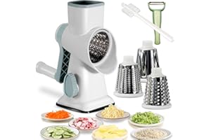 BNUNWISH Rotary Cheese Grater Shredder with Handle Handheld Round Mandoline Vegetable Slicer Carrot Shredder Nut Grinder with 3 Replaceable Stainless Steel Drum Blades and Upgrade Strong Suction, White/Cyan