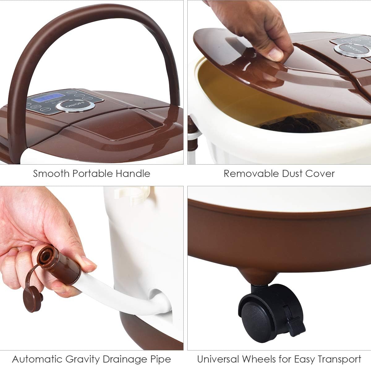 Giantex Foot Spa Bath Massager with Heat, Bubbles, 16 Pedicure Shiatsu Roller Massage Points, Frequency Conversion Power Saving, Adjustable Time & Temperature, LED Display, Drainage Pipe (Brown): Health & Personal Care