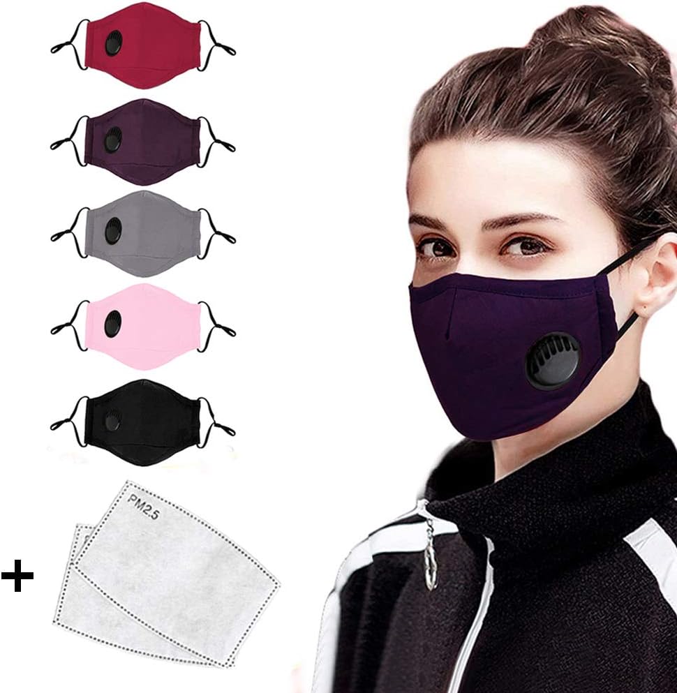 Outdoor Face Protective with Breathing, Reusable Washable Facial Cover Mouth Muffle for Adults, with 2 Replaceable Activated Carbon PM2.5 Filters (Dark Purple)
