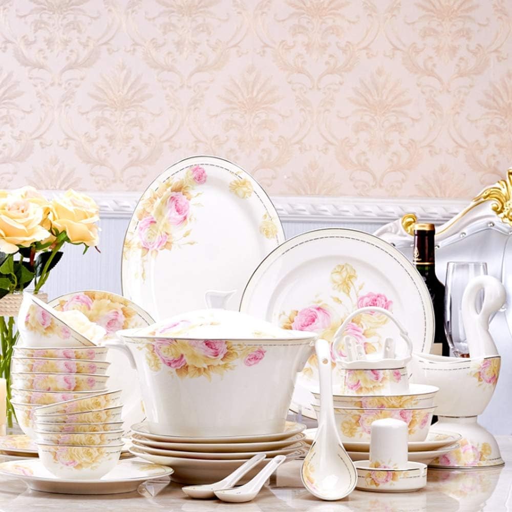 YLee Bone China dinnerware Set - 56 Pieces Flower Festival Tableware/Porcelain Dinnerware Set Plate, Bowl, Multi-Person Service
