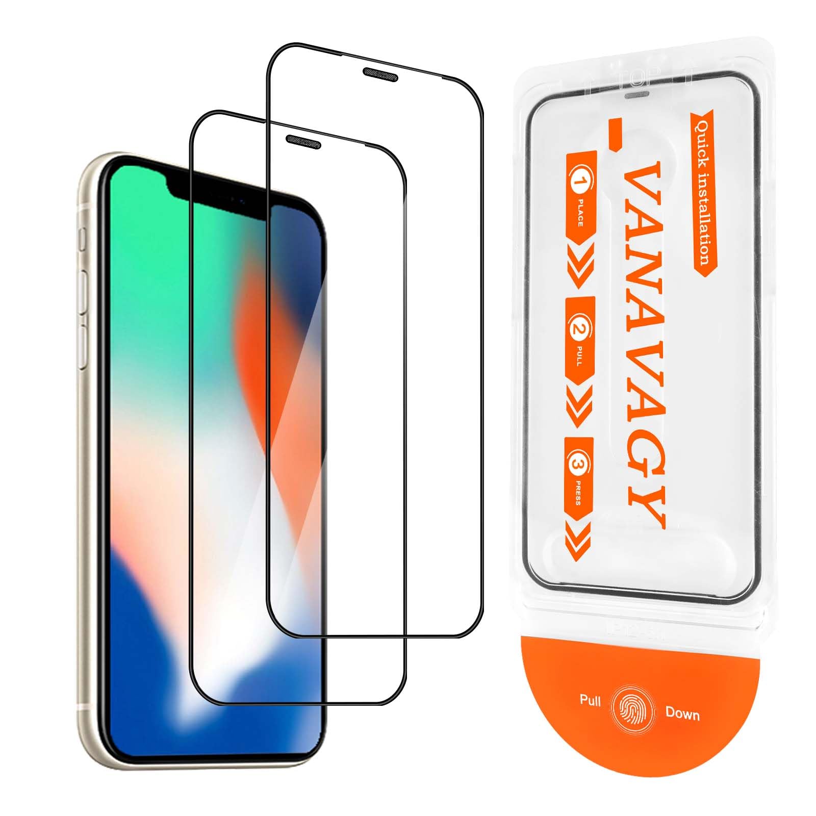 VANAVAGY Glass Screen Protector Compatible for iPhone X/XS 5.8 inch [2 Pack][Scratch Resistant], Film with Frame Full Coverage Case for Easy Installation