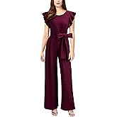 Knitee Women's Vintage Sleeveless Ruffle High Waist Wide Leg Romper Formal Long Jumpsuit with Belt
