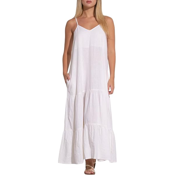 ELAN Women's Tie-Back Spaghetti Strap V-Neck Maxi Dress (Beige Kauai Print,  Small) at Amazon Women's Clothing store