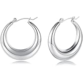MDFUN 316L Chunky Stainless Steel Hoop Earrings, Fashionable Lightweight Hollow Open Hoops, Hypoallergenic Whtie Gold Plated Pipe Earrings for Women