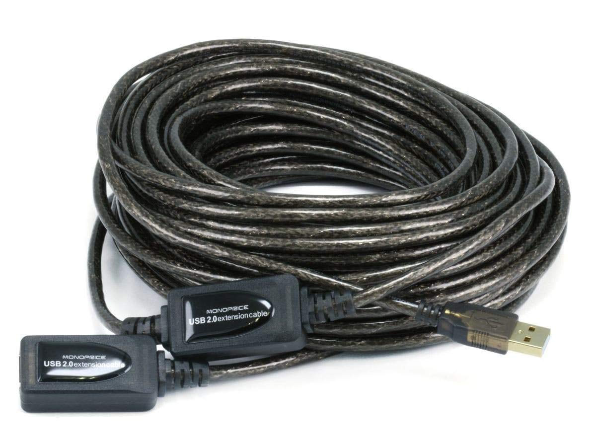 Monoprice USB 2.0 A Male to A Female Active Extension Repeater Cable Kinect and PS3 Move Compatible Extension 107533, Black, 65ft / 20 m