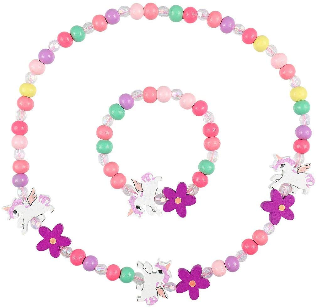 Meet-shop Wooden Colourful Children's Jewellery Set, Princess Necklace Bracelets Set Unicorn Beads Necklace and Bracelet Gift for Girls Birthday Party Dress Up Accessory