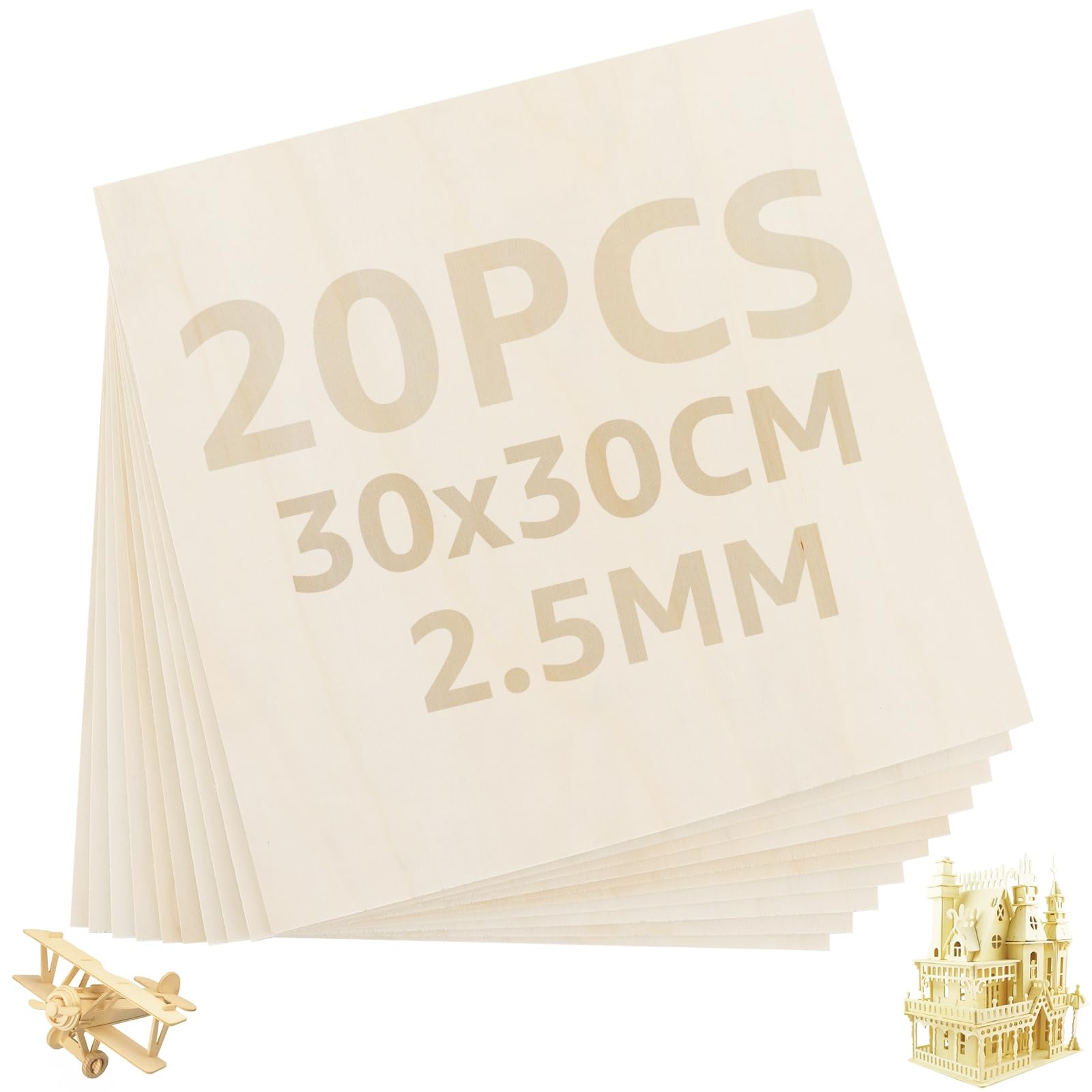 Oungy 20PCS Plywood Sheets, 300x300x2.5mm Balsa Wood Sheets Unfinished Wood Board, Square Basswood Sheets for Crafting DIY Painting Engraving Carving Model Making Projects