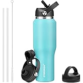 HYDROWION 32oz Stainless Steel Water Bottle(Cold for 48 Hrs, Hot for 24 Hrs), Double Wall Vacuum Insulated Water Bottle with Straw Lid, Spout Lid and Flex Cap, Fit in Any Car Cup Holder, Mint