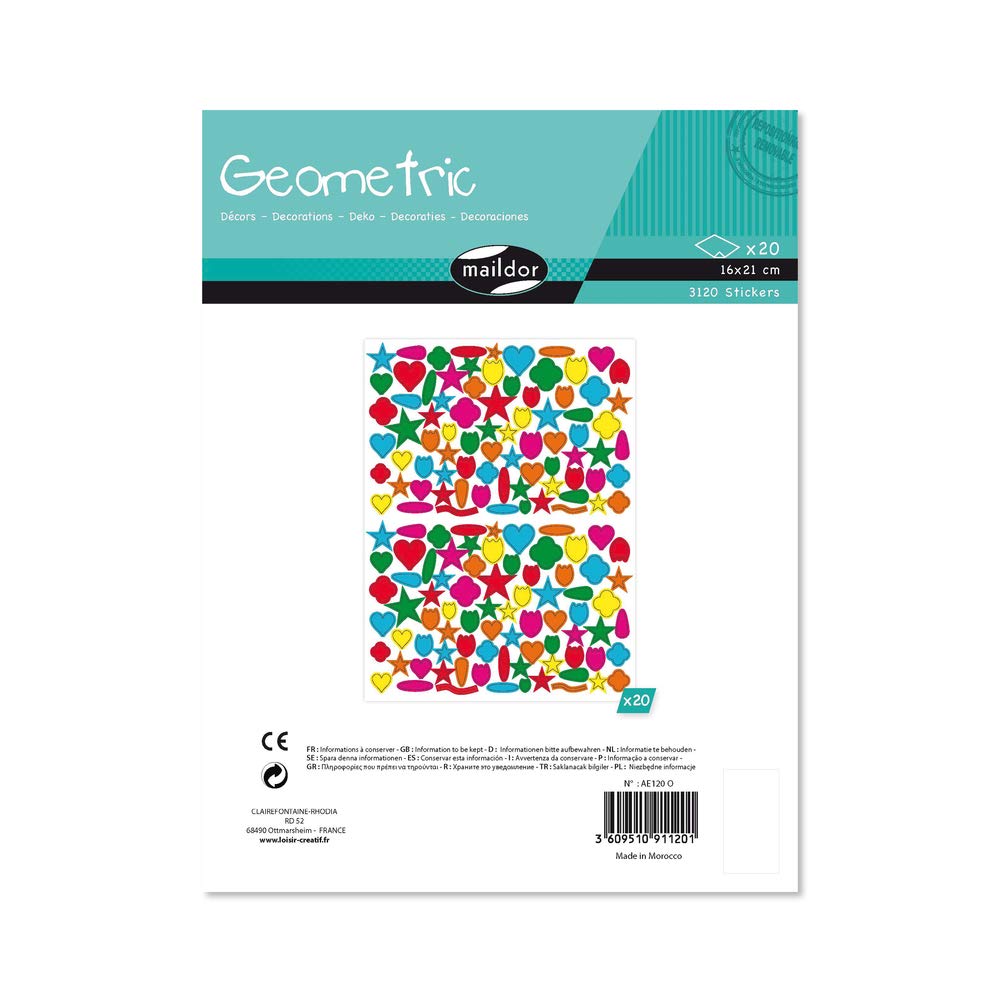 Maildor AE120O - GEOMETRIC STICKERS - 20 sheets - Dimensions: 16 cm x 21 cm - DECORS (3120 stickers) - Children's Creative and Leisure Activity - DIY TOOL