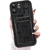 KANGHAR Case for iPhone 16 Pro Card Slot Phone Case, Cute Bow Design with Card Holder for Women Girls Slim Shockproof Wallet Cover-Black