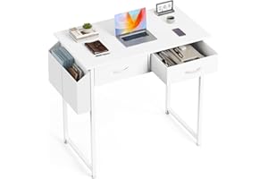 OLIXIS 32 Inch Small Desk with Drawers, Home Office Computer Desk with Storage Bag and Headphone Hook, Study Writing Table with Adjustable Feet for Bedroom, White