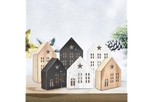 JOYWU 6 Pcs Christmas Wooden Houses with Led Lights,3D DIY Christmas Village Set for Table Mantel Tiered Tray Decor,Lighted X