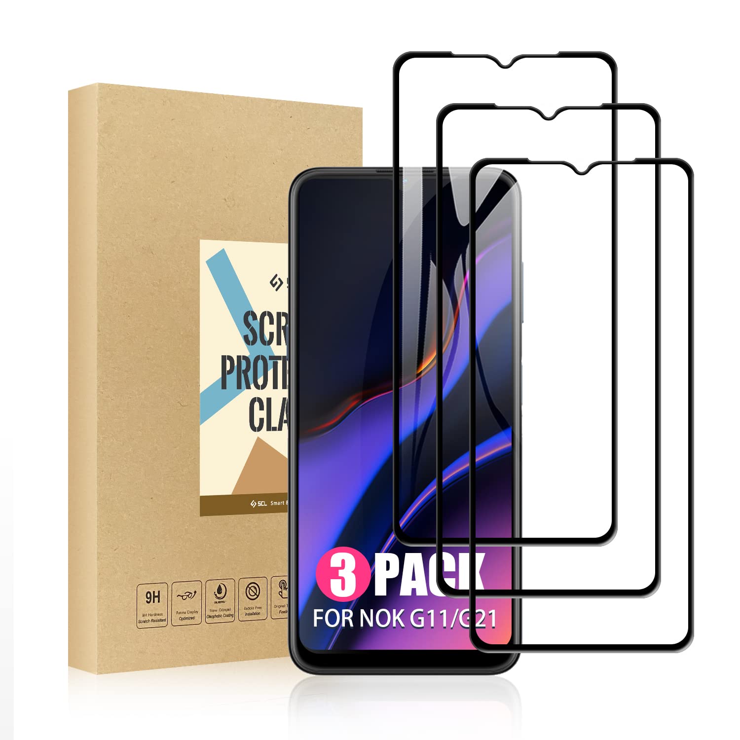 SCL Screen Protector Compatible with Nokia G11 Screen Protector Nokia G21 Tempered Glass Film [3-Pack], [Full Coverage, Easy Installation, Bubble-free, 9H Hardness]