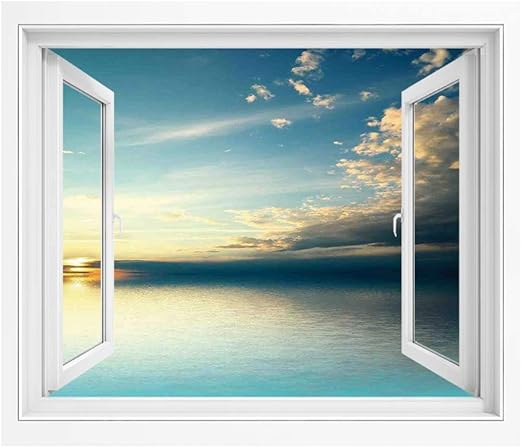 Amazon 海の装飾 窓ポスター リメイクシート 90x60 Cm 海の夕日のパノラマ日没の反射地平線暗い雲自然画像印刷 壁紙ポスター ステッカー ティールアクアブルー ウォールステッカー オンライン通販