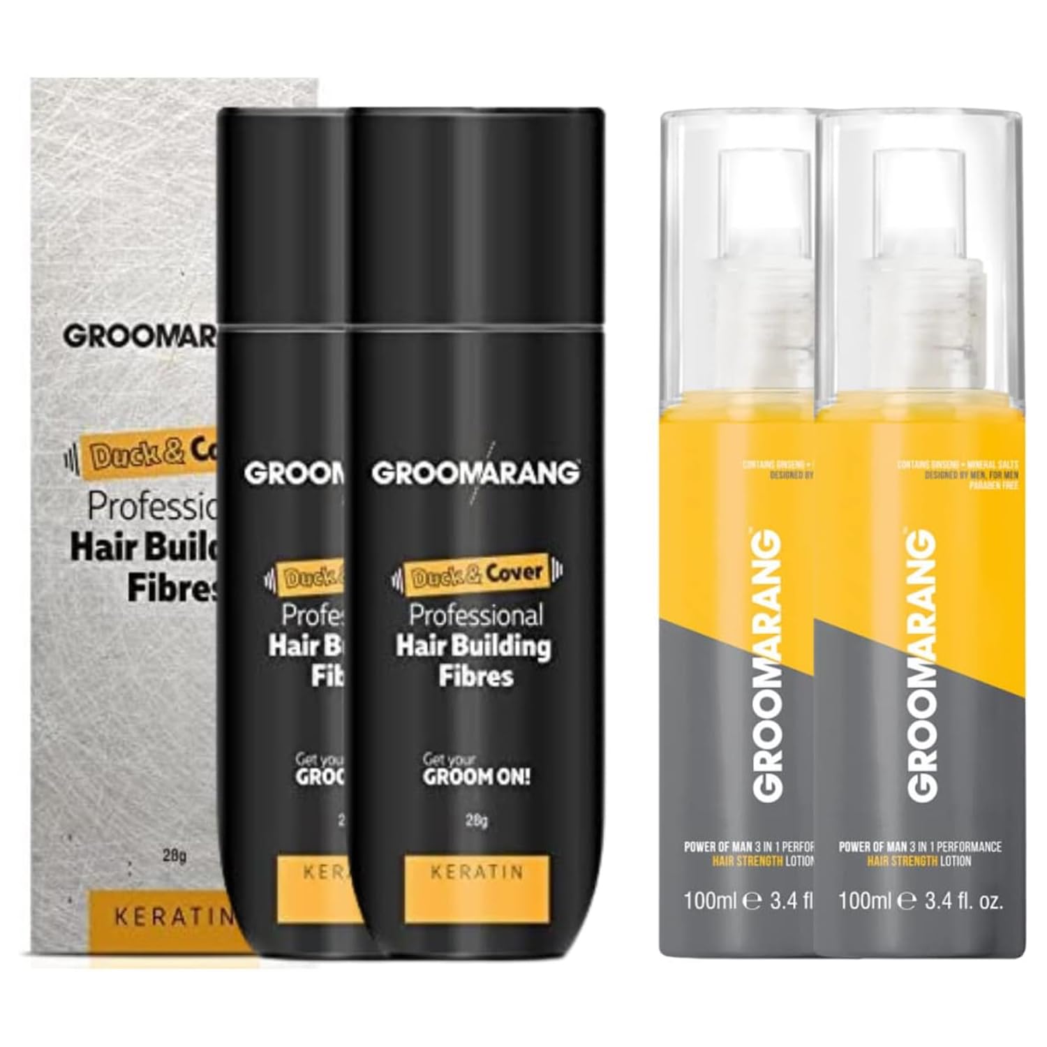 Hair Fibres X2 GROOMARANG Keratin Hair Building Fibres for Thinning Hair- Instantly Conceals Thinning Areas for Fuller Thicker Hair For Men & Women 28g + X2 Hair Loss Lotions (Black)