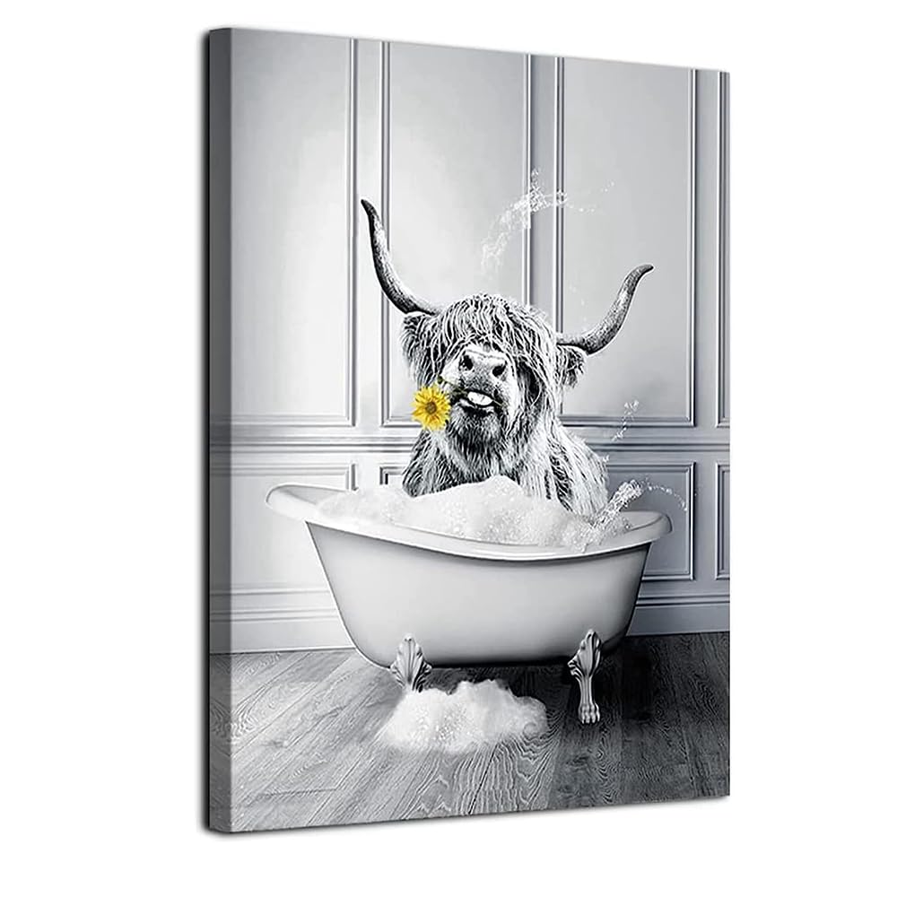LPFNSF Bathroom Animal Pictures: Black and White Cow and Elephant Art Paintings for Decoration, Frameless Posters (Bathtub Cow, 60x90cm*1) — image 1
