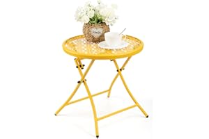 TeoKJ Folding Outdoor Side Tables, Anti Rust Small Patio Table Round Metal Nightstand with Flower Cutouts for Porch Yard Balcony Deck Lawn, Yellow