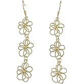 Duo-Duo-Siang Handmade 18K Gold-Plated Brass Triple Flower Dangle Earrings for Women, Boho Floral Drop Earrings, Lightweight Elegant Jewelry Gift