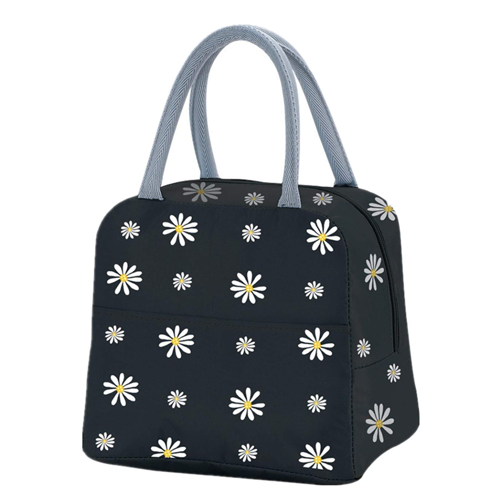 Elionless Insulated Lunch Bag, Portable Thermal Lunch Bags Cooler Bag Daisy Pattern Lunch Box Organizer Tote Bag for Women Adults Kids Girls Work School Picnic Camping Travel (Black)