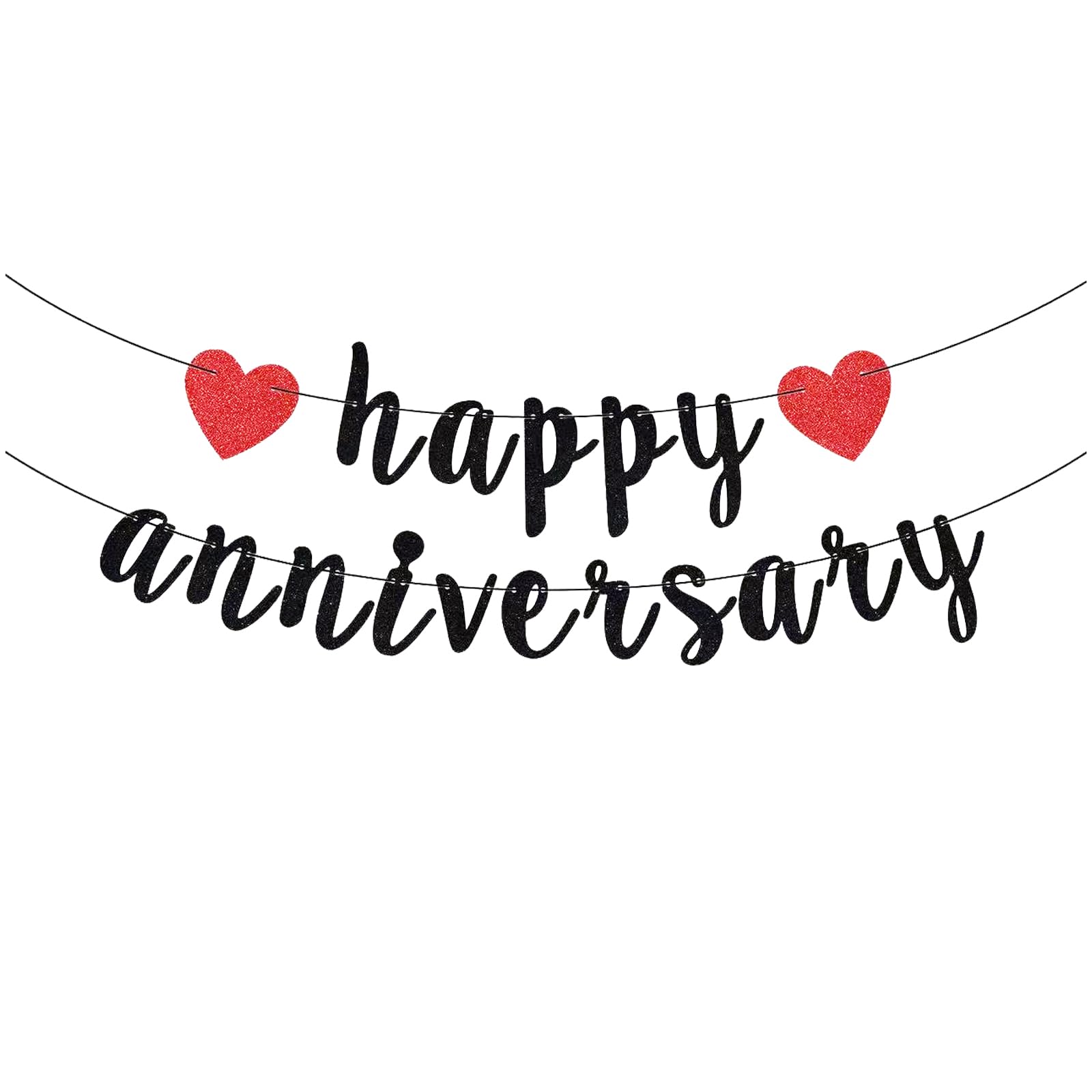 Bliceon Glitter Happy Anniversary Banner Sign - Black Glitter Garland for Wedding