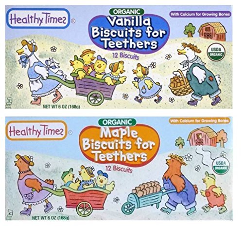 Healthy Times Organic Biscuits For Teethers With Cacium 2 Flavor Sampler Bundle: (1) Vanilla Teething Biscuits, and (1) Maple Teething Biscuits, 6 Oz. Ea.