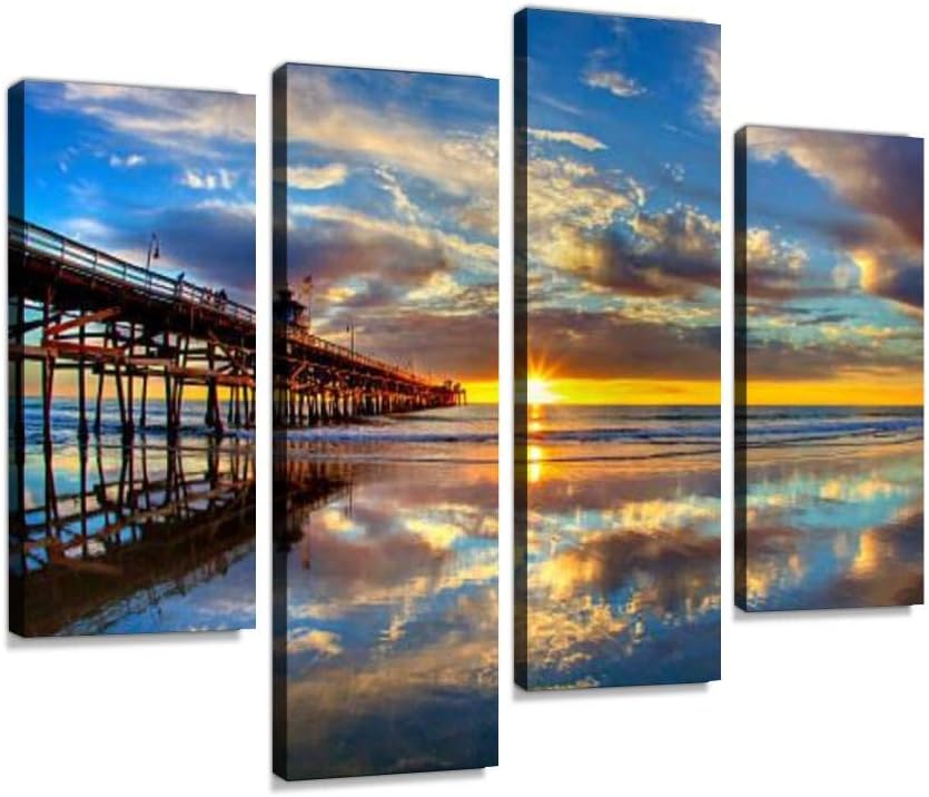 Paintings - San Clemente Pier Summer Sunset Canvas Wall Art Hanging Paintings Modern Artwork Abstract Picture Prints Home Decoration Gift Unique Designed Framed 4 panel