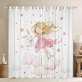 Erosebridal Cute Bunny Girl Window Curtains 2 Panel Sets 38 x 54 Inch Kawaii Rabbit Blackout Curtains for Bedroom,Cartoon Clouds Stars Decor Window Treatments Pink White Princess Style Drapes