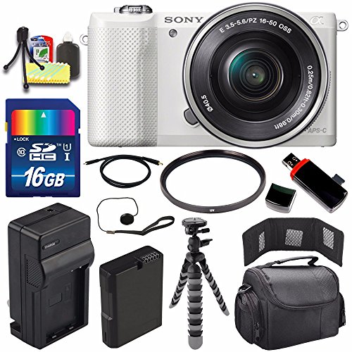 Sony Alpha a5000 Mirrorless Digital Camera with 16-50mm Lens (White) + Battery + Charger + 16GB Bundle 1 - International Version (No Warranty)