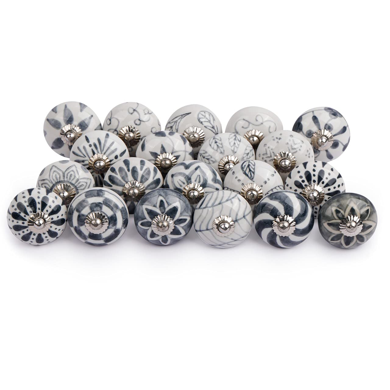 Shah Crafts. Ceramic Door Knobs Grey and White Set of 10 Premium Quality Assorted Designs Handmade for Interior Furniture, Cabinet Cupboard Wardrobe Drawers Pulls Handles