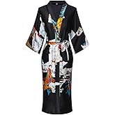 ASIDEMOND Women's Long Satin Kimono Robe Floral Silky Lightweight Sleepwear | Side pockets, soft loungewear, bridesmaid &amp; wedding robe, silky bathrobe, V-neck, calf length, gift for her