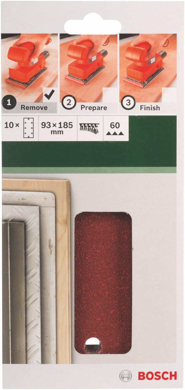 Bosch 2609256A88 Sanding Sheets Pack of 10 for Black + Decker Orbital Sanders 93 x 185 cm Number of Holes 8 Grit 60 - Image 3