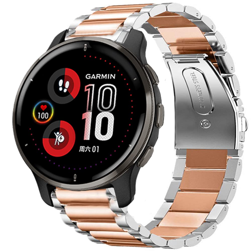 onetuo Compatible with Garmin Venu 2 Plus Bands, Stainless Steel Metal Replacement Strap Bracelet Compatible with Garmin Venu Sq Smartwatch/Venu 2 Plus Smartwatch 2022 (Silver-Rose)