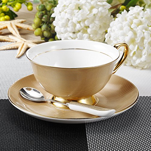 Panbado 3Pcs Bone China Tea Cup and Saucer Set with Spoon, 200 ml/6.8 oz, Golden Grid - Thumbnail 6