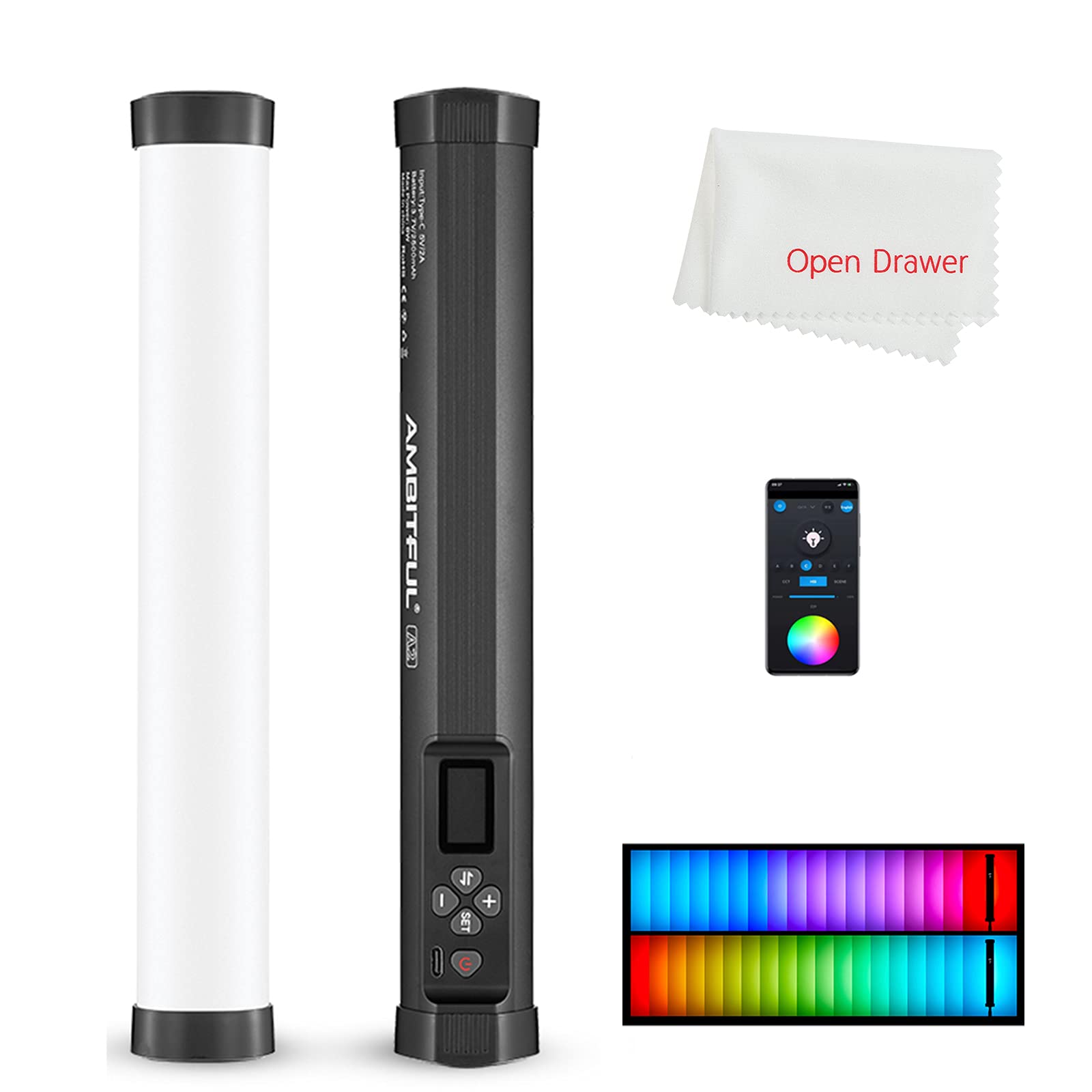 AMBITFUL A2 Full-Color RGB Tube Light, 2500K-8500K CRI 95 TLCI 97 RGB Video Light, RGB CCT HSI Mode, 22 FX Light Effect, APP Control Support,Magnet Design (A2 1PCS)