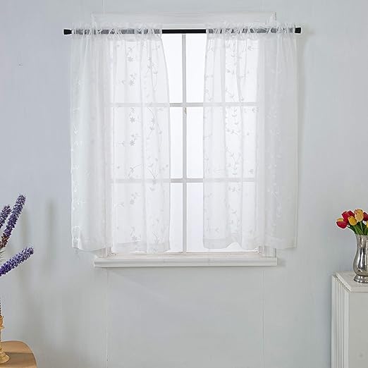 Amazon Com Pravive White Sheer Tier Curtains Floral Embroidered