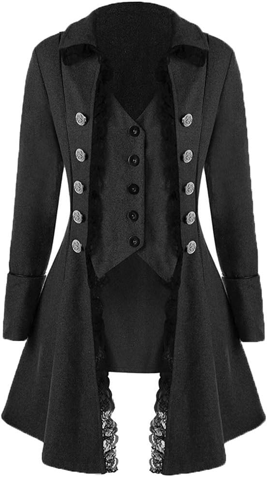 Womens Victorian Steampunk Long Coat, Medieval Vintage Tailcoat Gothic Victorian Tuxedo Halloween Jacket S-3XL