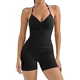 SUUKSESS Women 2 Piece Seamless workout Sets Halter Backless Impact Longline Strappy Tank Top Sport Gym Yoga Bike Shorts